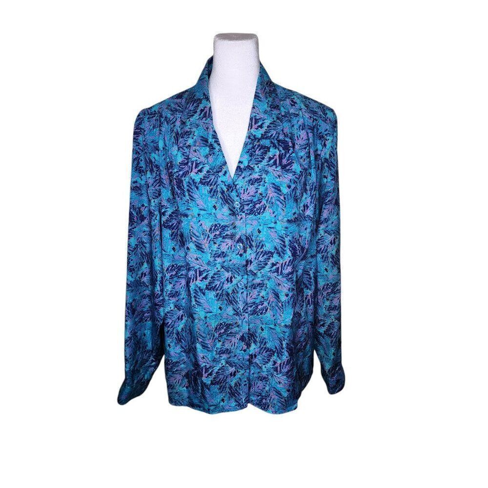 Vintage 80s Pykettes Button Up Secretary Blouse Womens Size 16 Blue